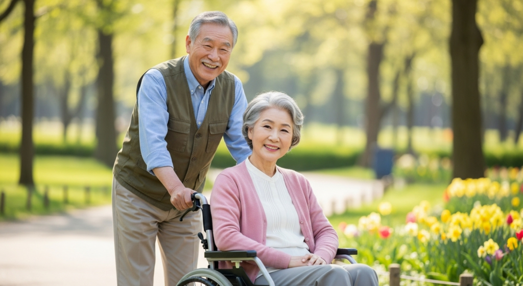 휠체어타고 나들이하는 할머니